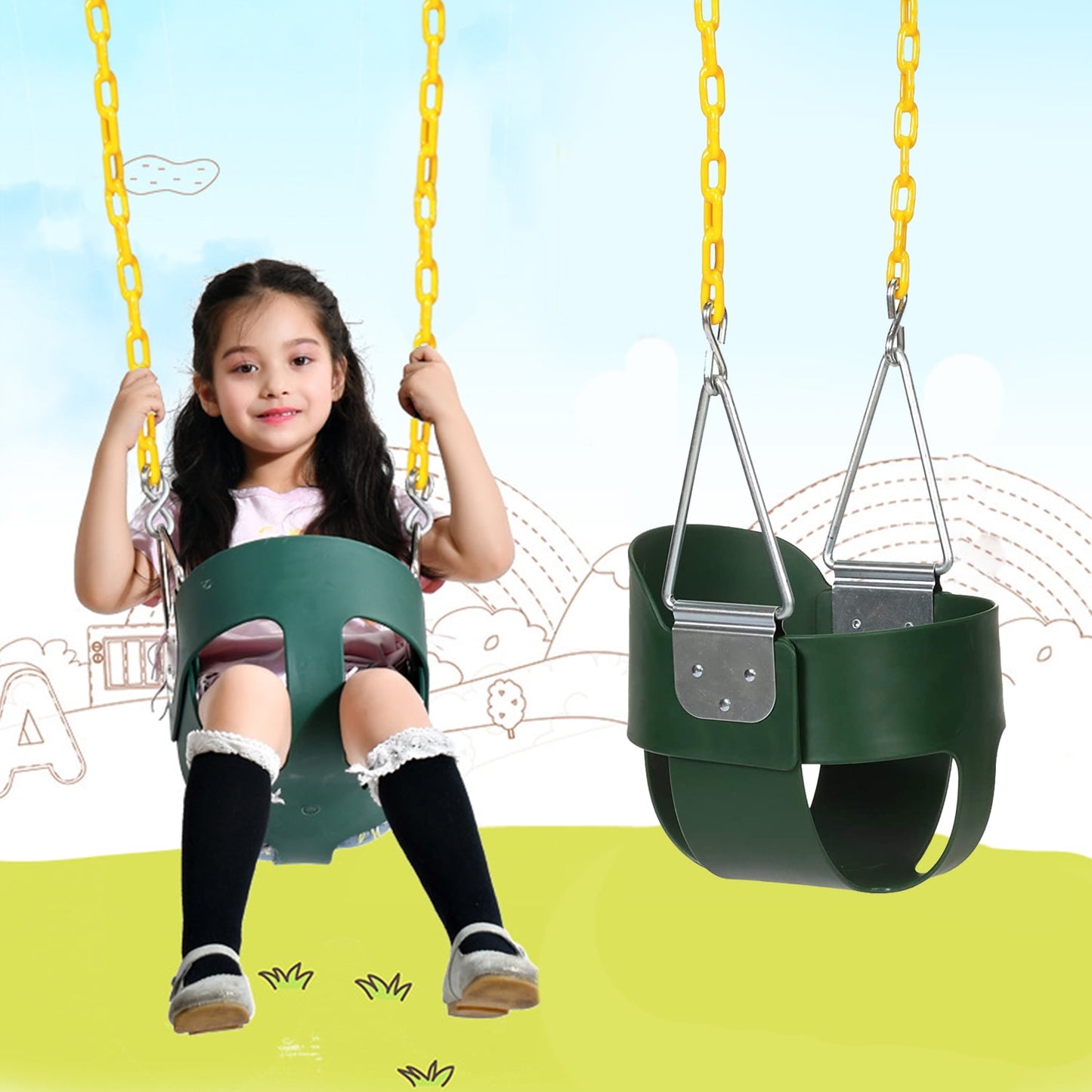 High Back Toddler Bucket Swing Seat with Coated Chains, Heavy Duty Kids Swing Seat Fully Assembled, Green