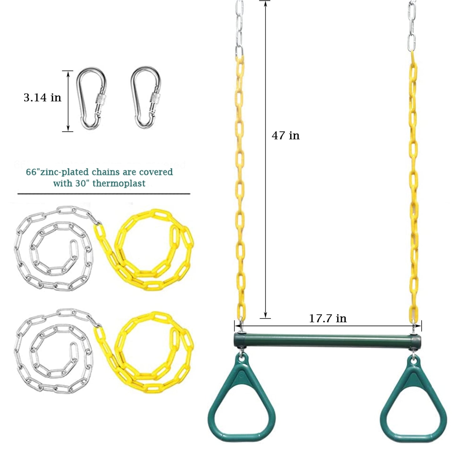 18" Trapeze Swing Bar Rings 48" Heavy Duty Chain Swing Set Accessories with Locking Carabiners Monkey Bars for Backyard, Playground
