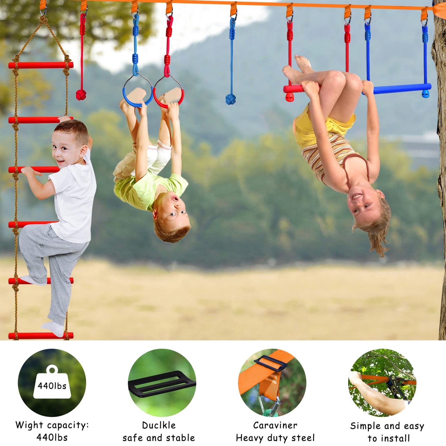 Celawork Ninja Warrior Obstacle Course for Kids, Playground and Backyard Swing Set Accessories, Setup on Trees or Posts with Monkey Line