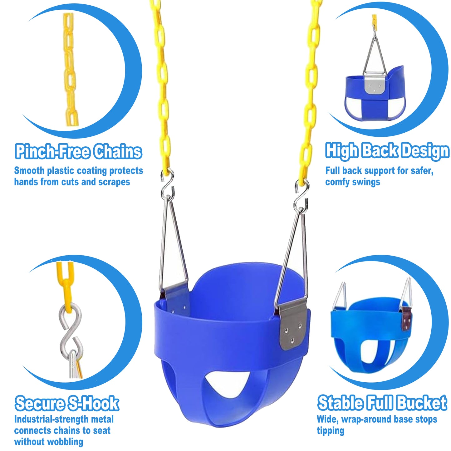 Celawork High Back Toddler Bucket Swing Seat with Coated Chains, Heavy Duty Kids Swing Seat Fully Assembled, Blue