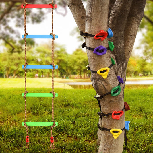 Celawork Ninja 6.6 ft Climbing Rope Ladder for Kids+ 12 Pcs Tree Climbing Rocks with 6 Ratchets, Climbing Hold for Kids Outdoor, Playground Swing Set  for Indoor Play Set and Outdoor Tree House