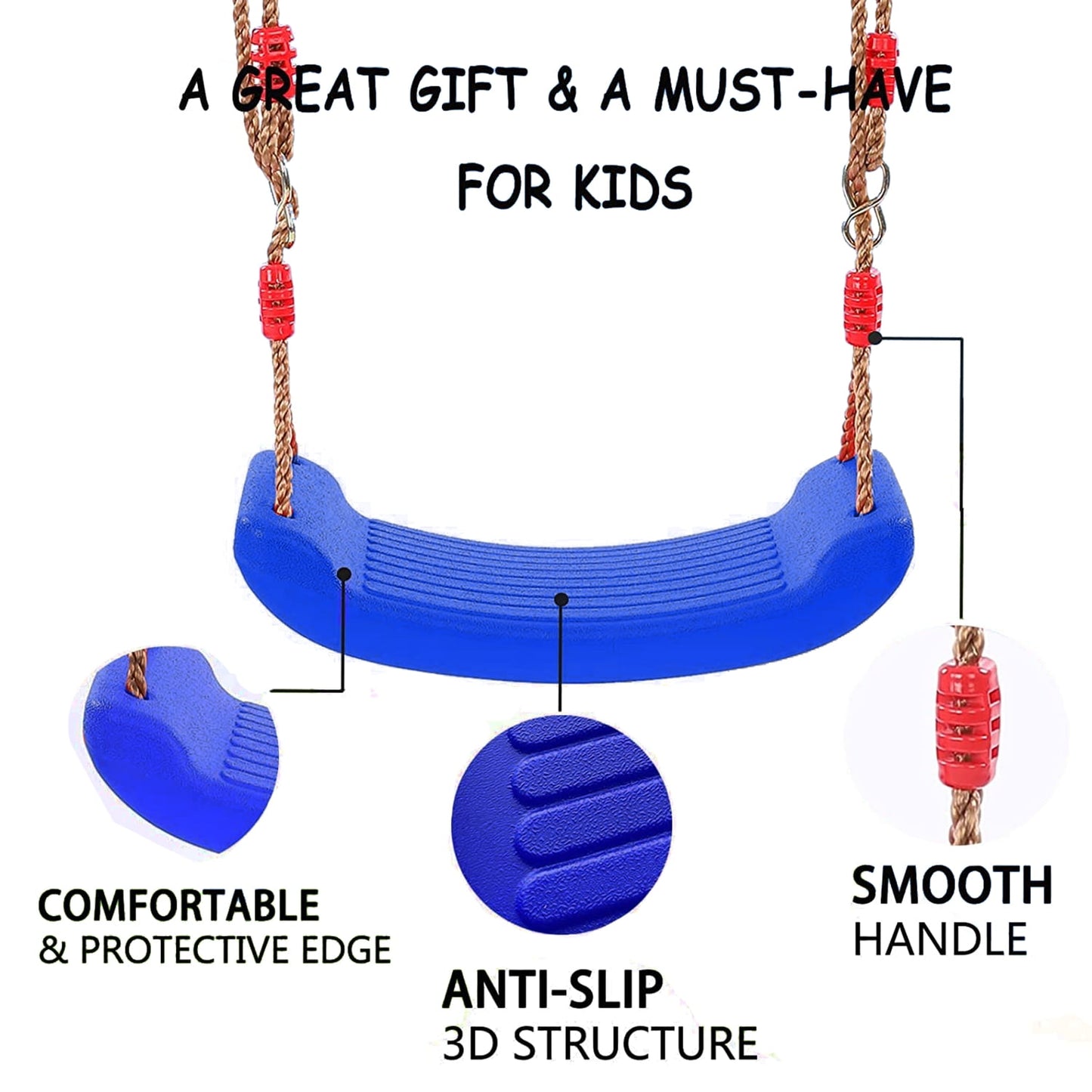 Swing Seat Kids Outdoor with Height Adjustable Rope and Complete Accessories, Plastic Swing for Kids, Swing board, Outdoor Garden Swing Set Accessory Children's 3 Years+
