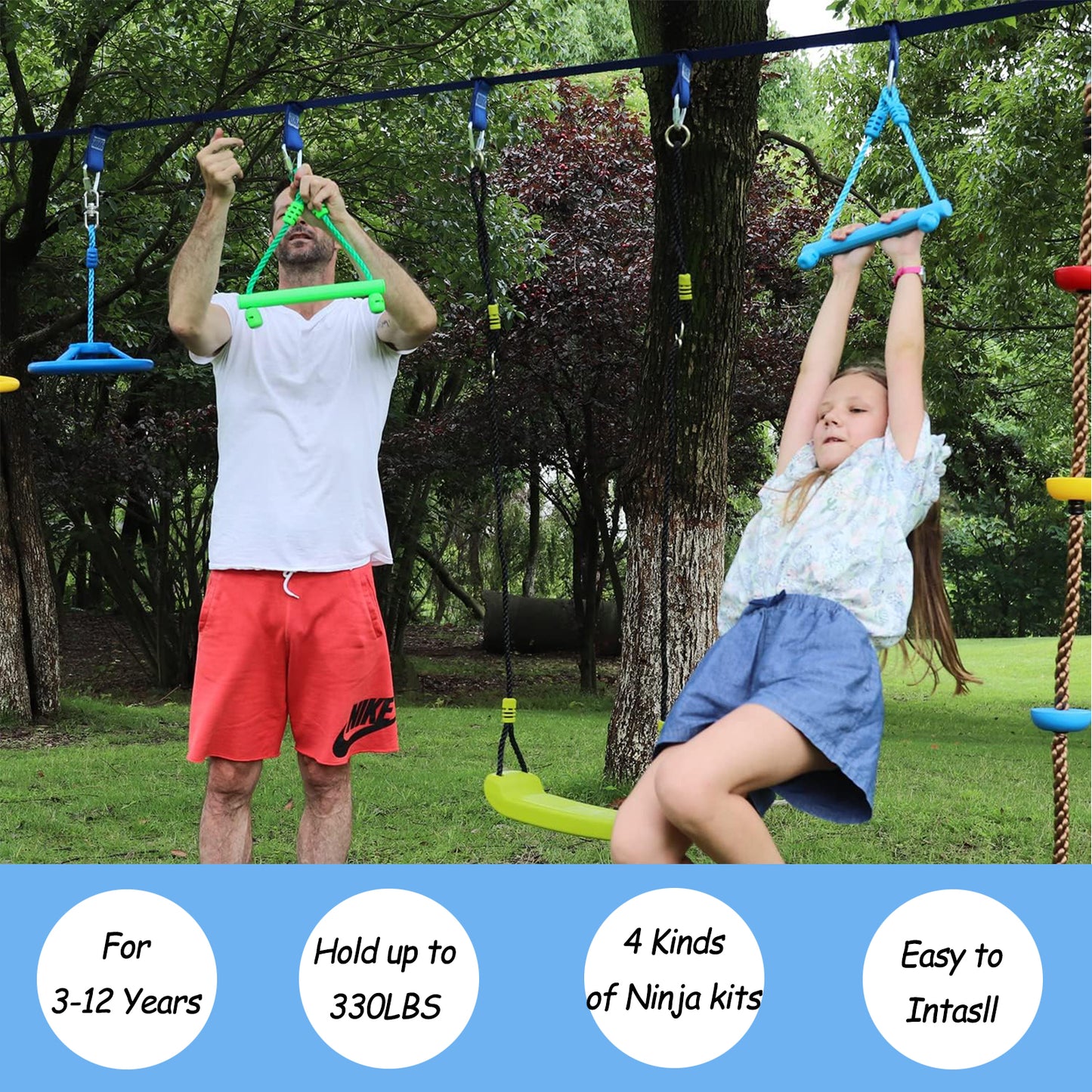 Celawork Warrior Obstacle Course Accessories Ninja Kids Outdoor Play, 5 Ninja Rings, 2 Swing Trapeze Wheels, 2 hanging monkey knots and 2 Monkey Bars