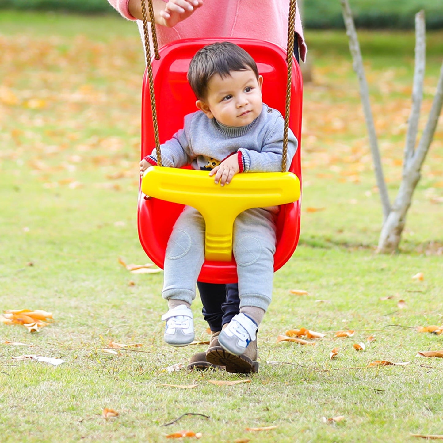 Celawork 2-in-1 Secure Swing with High Back and T-Bar, Red Baby Swing for Outside with Adjustable Straps, Outdoor Swing for Baby Infant and Toddlers Ages from 9 Months