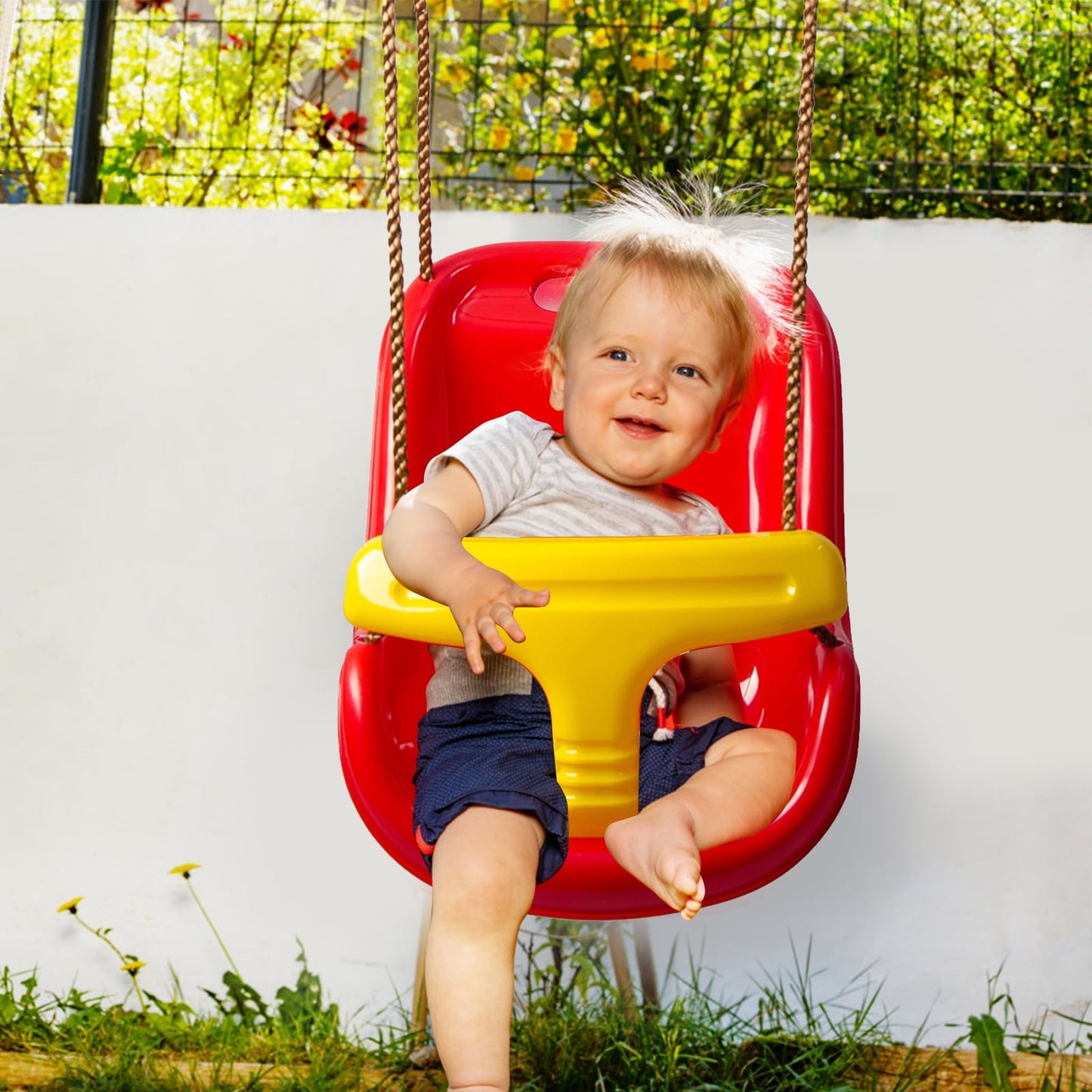 Celawork 2-in-1 Secure Swing with High Back and T-Bar, Red Baby Swing for Outside with Adjustable Straps, Outdoor Swing for Baby Infant and Toddlers Ages from 9 Months