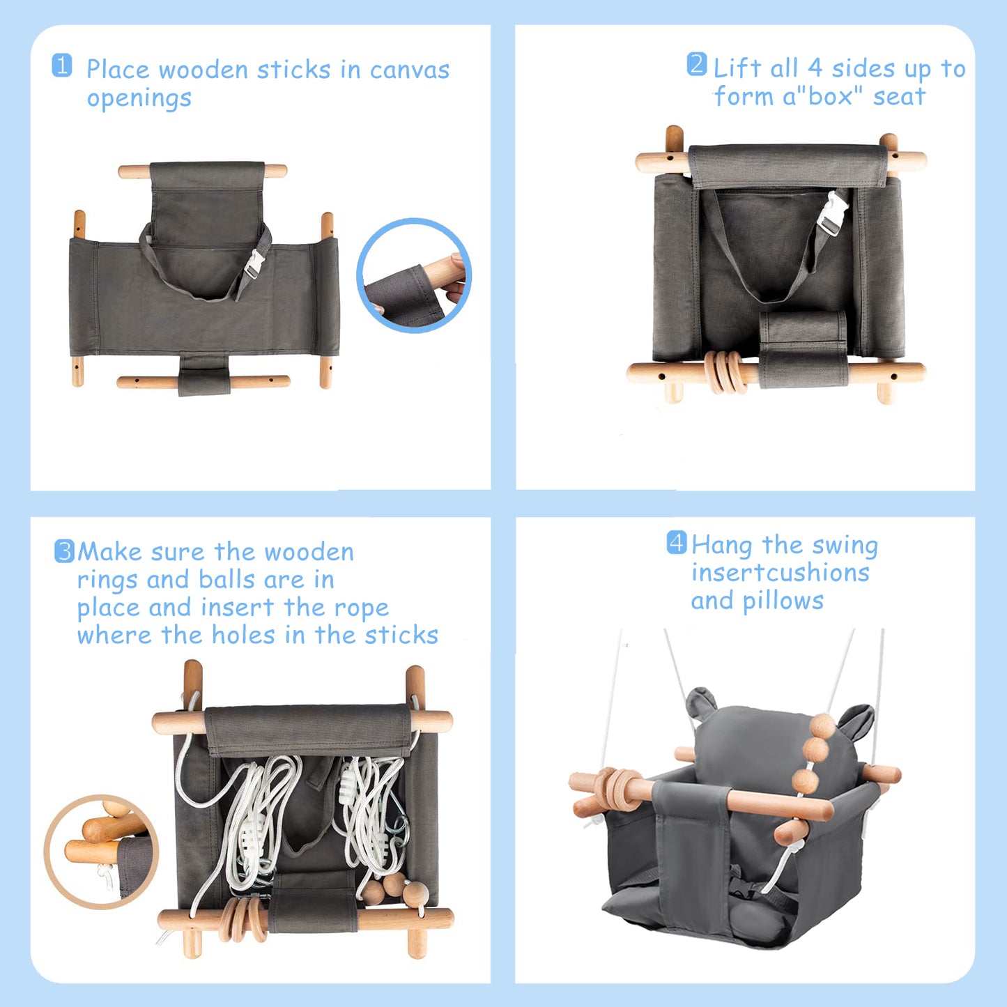 Celawork Baby Swing Outdoor Indoor, Secure Canvas Hanging Swing Seat with Safety Belt for Baby, Infant, Toddler, Swing for Indoor Playground, Tree Swings or Backyard, Grey