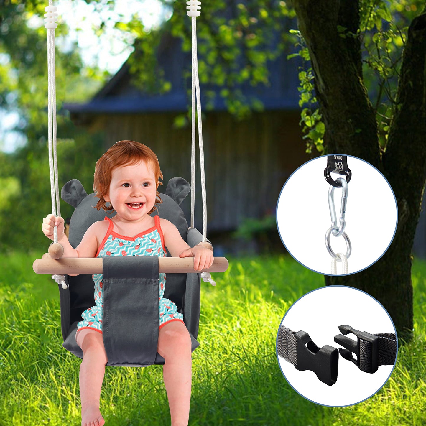Celawork Baby Swing Outdoor Indoor, Secure Canvas Hanging Swing Seat with Safety Belt for Baby, Infant, Toddler, Swing for Indoor Playground, Tree Swings or Backyard, Grey