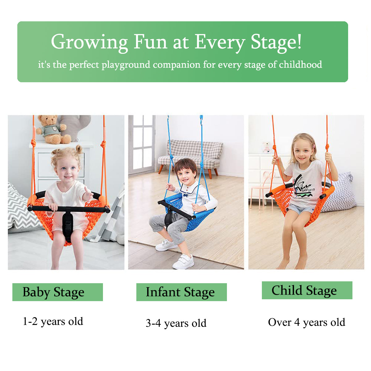 2 in1 Swing Seat Kids with Adjustable Ropes, Secure Children Swing Set for Outdoor and Indoor Toddler Swing Tree Swing Seat for Bakyard Playground, Home(Green)