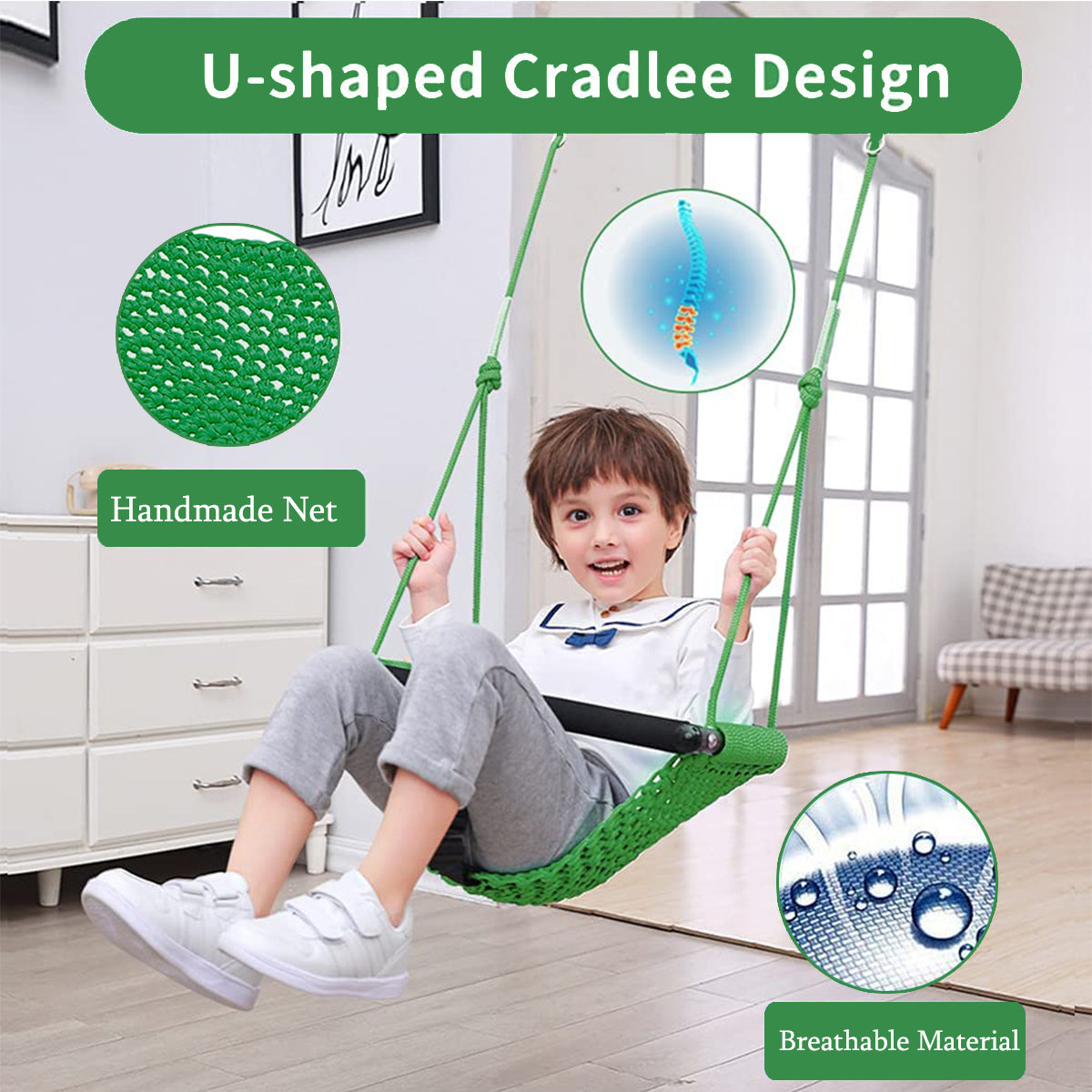 2 in1 Swing Seat Kids with Adjustable Ropes, Secure Children Swing Set for Outdoor and Indoor Toddler Swing Tree Swing Seat for Bakyard Playground, Home(Green)