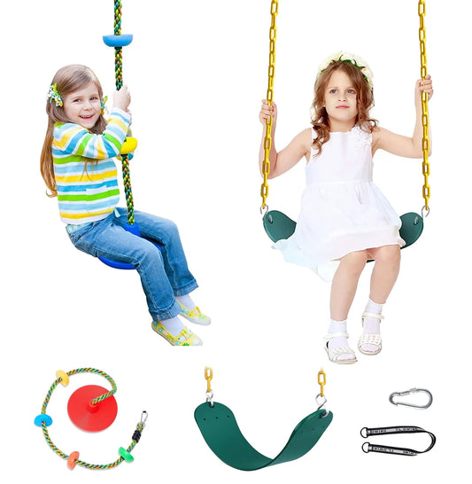 Celawork 2-Pack Kids Swing Set, Green Heavy Duty Swing Seat+ Red Climbing Ropes Tree Swing with Platforms, Playground and Backyard Swing Set Accessories with Strap and Snap Hook