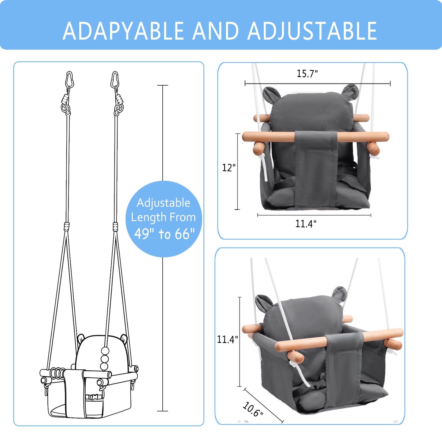 Celawork Baby Swing Outdoor Indoor, Secure Canvas Hanging Swing Seat with Safety Belt for Baby, Infant, Toddler, Swing for Indoor Playground, Tree Swings or Backyard, Grey